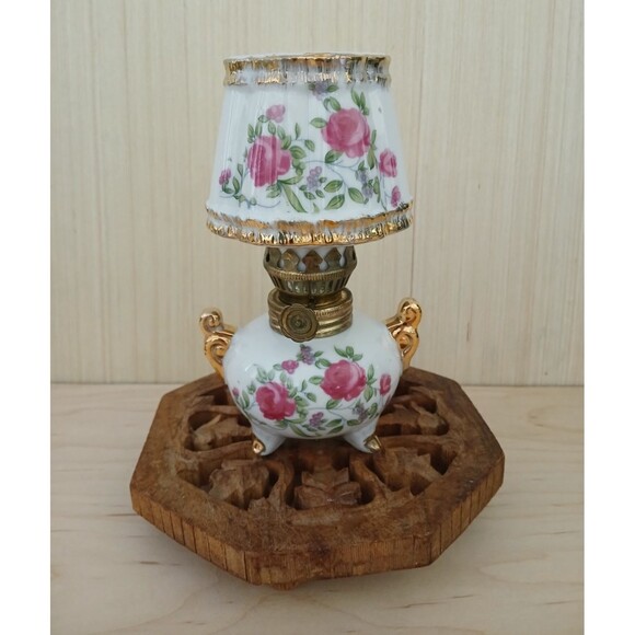 Vintage 6" Mini Oil Lamp Porcelain Made in Japan White Floral Adjustable Wick - Picture 1 of 15